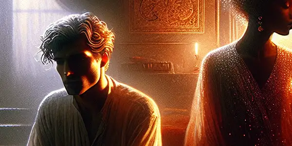 A man and woman share an intimate moment of longing and confusion in a softly lit, cozy room.