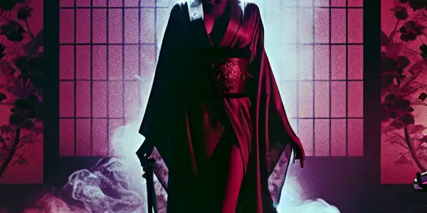 A confident female figure in a dimly lit room, blending traditional Japanese attire with modern sensuality, surrounded by ethereal elements.