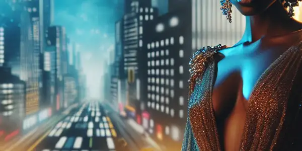 A glamorous actress poses dramatically in a vibrant, neon-lit cityscape, embodying the allure of provocative cinema.