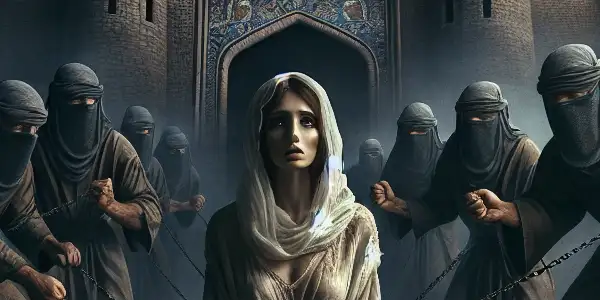 A medieval castle scene depicting a vulnerable woman kneeling under looming shadowy figures, symbolizing humiliation and power imbalance.