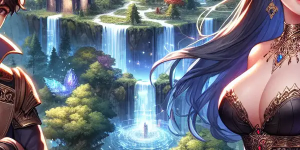 A charismatic male hero and his enchanting female companion in a vibrant, immersive fantasy gaming world.