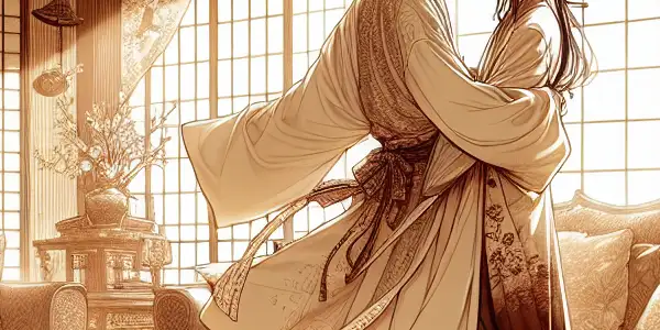 An intimate moment between two characters in a softly lit, luxurious room, showcasing passion and desire.