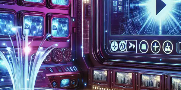 A futuristic room with a computer screen displaying classic Japanese adult film thumbnails and a glowing download button.