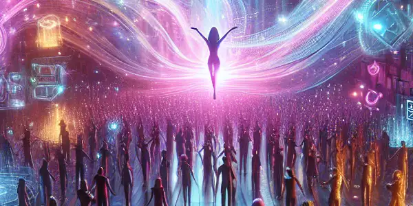 A vibrant digital landscape featuring diverse characters enjoying adult content in a safe, immersive environment.