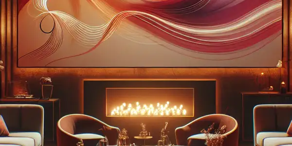 A sophisticated lounge with ambient red and gold lighting, featuring abstract visuals and elegant decor suggesting intimacy and desire.