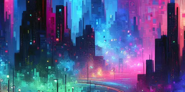A vibrant, neon-lit abstract digital landscape featuring a futuristic cityscape with alluring holographic elements and anonymous explorers.
