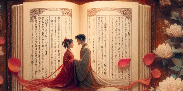 A cozy, dimly lit room filled with romance, featuring an open book and intimate scenes of passion.