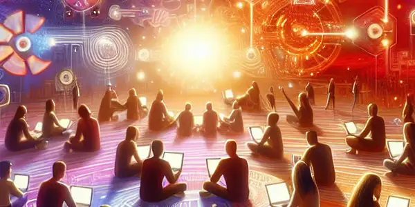 A vibrant digital forum scene featuring diverse individuals engaging with devices and sharing experiences related to adult content.