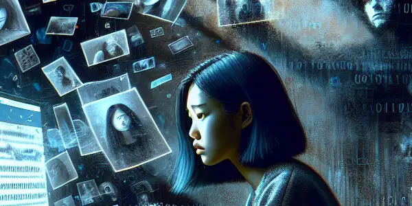 A distressed young woman at a desk, surrounded by shadowy figures, faces distorted images on a computer screen.