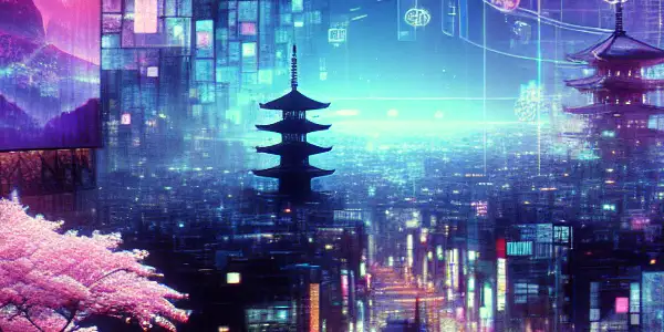 Futuristic neon-lit cityscape at night, blending technology and Japanese cultural elements with an allure of adult film themes.