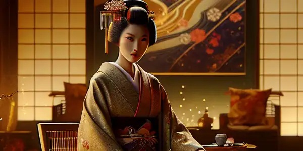 A stunning Japanese woman in a traditional room, embodying allure and elegance amidst modern artistic elements.
