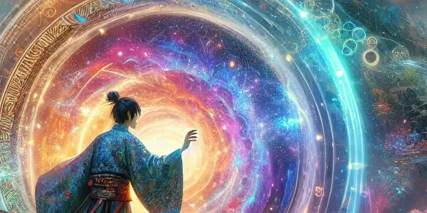 A bold hero in a mystical forest gazes at a swirling time portal, surrounded by romantic cherry blossoms and fireflies.