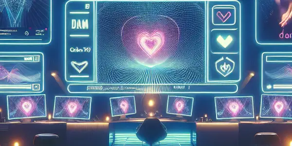 A futuristic room with multiple screens displaying abstract adult-themed visuals, illuminated by blue and purple neon lights.