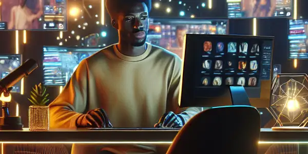 A stylish live streaming room featuring a charismatic host, multiple screens of adult content, and inviting decor.