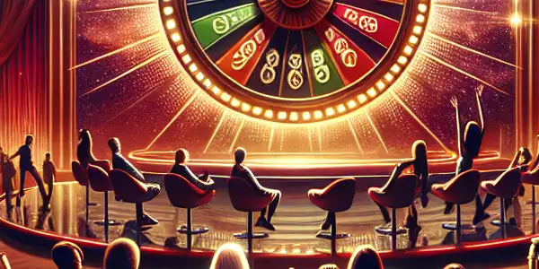 A lively lottery event in a stylish lounge, featuring a glowing wheel and excited diverse participants.