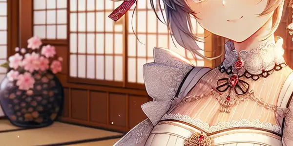 A Japanese maid in traditional attire stands in a cozy, decorated room with cherry blossoms and tea.