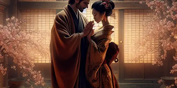 A romantic encounter between a monk and a woman in a traditional Japanese temple, surrounded by cherry blossoms.