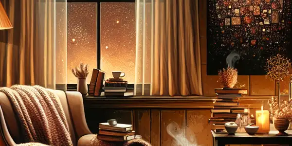 A cozy reading nook with a plush armchair, warm lighting, erotic novels, and a view of a starlit garden.
