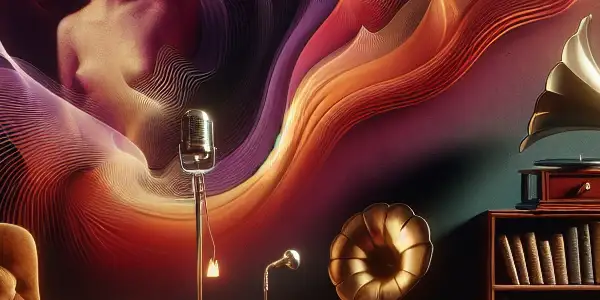 A cozy, intimate room with a plush armchair, bookshelf, and vintage audio equipment, evoking adult storytelling themes.