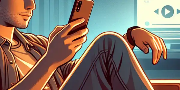 A young adult lounges on a sofa, watching an adult film on their smartphone in a cozy, dimly lit room.