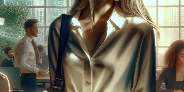 A flirtatious conversation between a young professional woman and a handsome male colleague in a modern office setting.