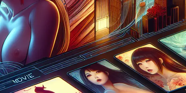 A modern adult entertainment platform featuring diverse movie thumbnails and abstract Japanese landmarks in a sophisticated, inviting atmosphere.