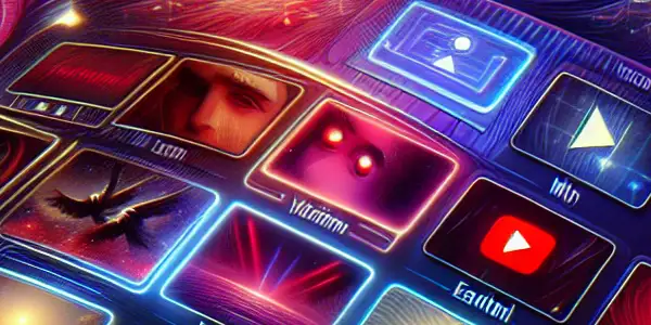 A futuristic digital interface showcasing diverse adult content thumbnails with vibrant colors and enticing visual elements.