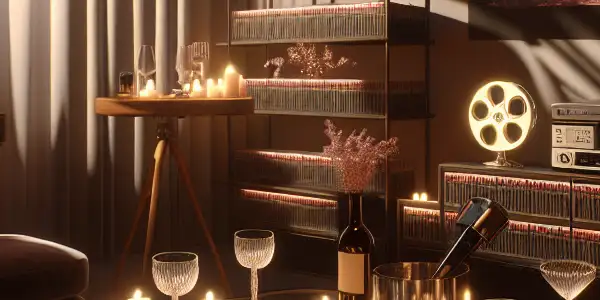 A sophisticated, dimly lit room featuring a projector displaying a classic Japanese adult film, with intimate decor.