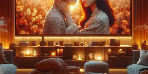 A cozy room showcasing a cinematic scene with Korean actresses, emphasizing romance and modern entertainment culture.
