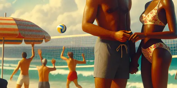 A romantic couple enjoys a playful moment on a sun-soaked beach, surrounded by sunbathers and vibrant summer activities.